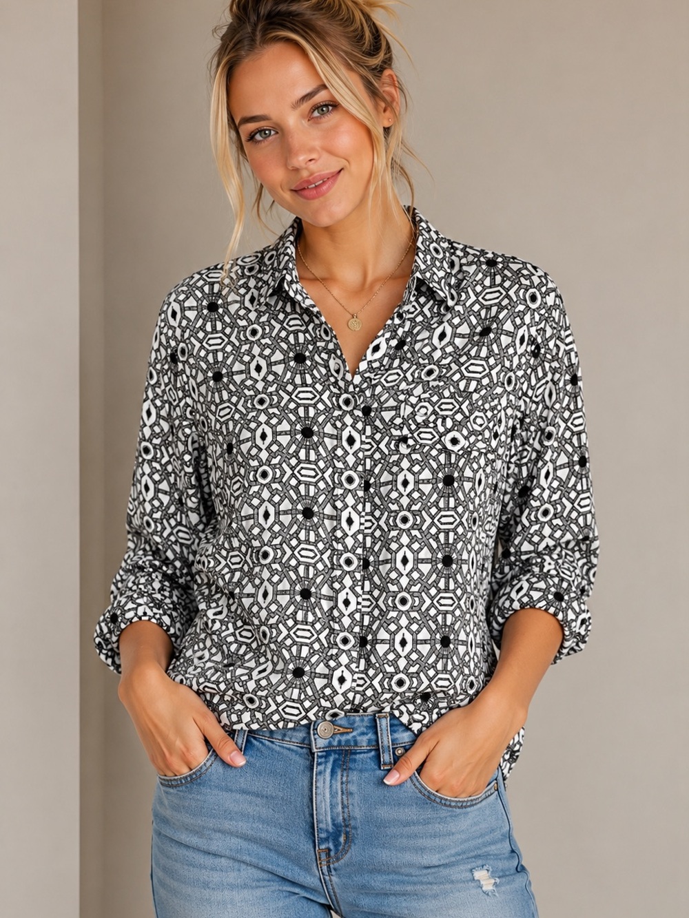 Jessica Simpson Black White Geometric Button Down Blouse Women’s Large Chic